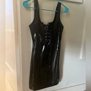 Bear dance black pleather lace up tight mini dress